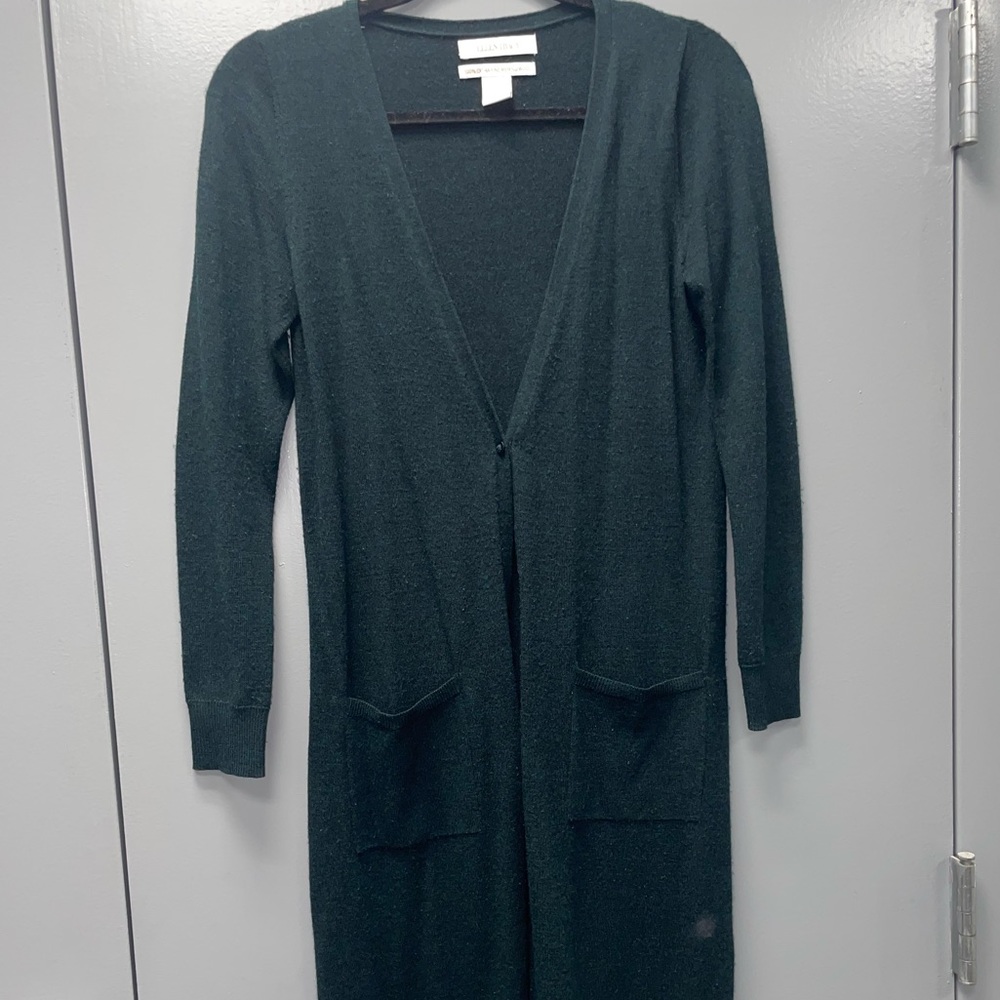 Ellen Tracy Superfine Marino Wool Cardigan Heather Emerald Green/Black